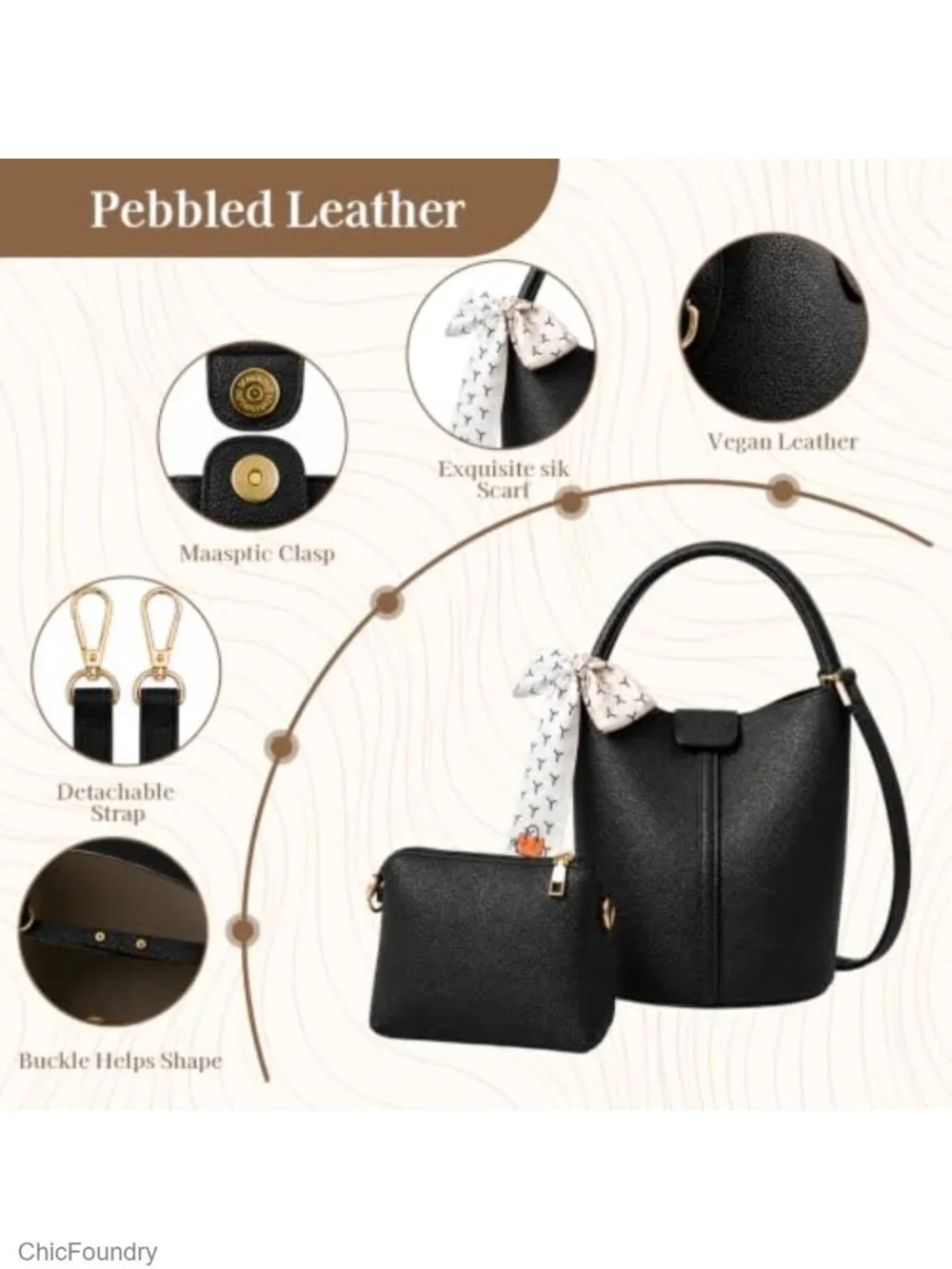 Vegan Leather Bucket Bag Women Crossbody Purse with Removable Strap